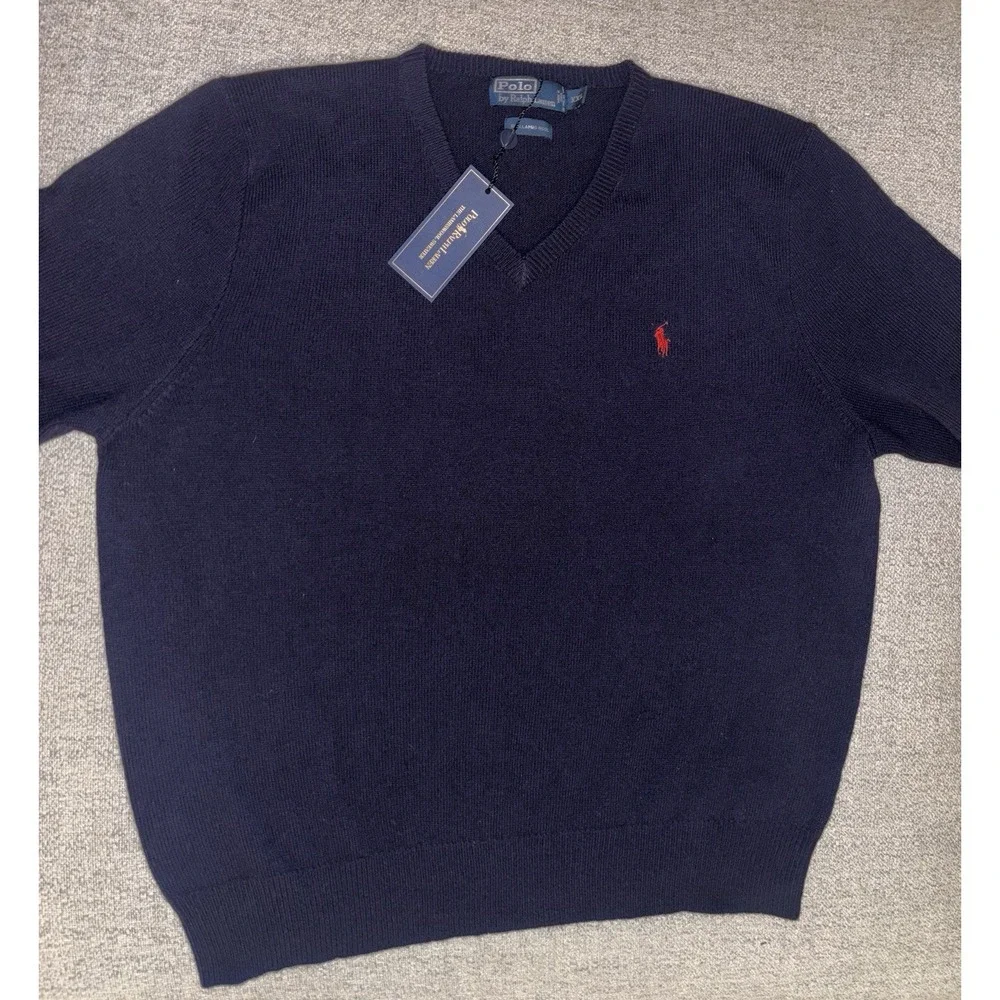 Polo Ralph Lauren Men's Sweater 100% Lambs Wool Navy V-Neck XXL Long Sleeve NWT